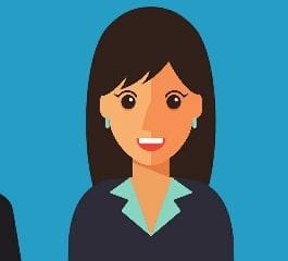 A cartoon lady with dark hair on a blue background.