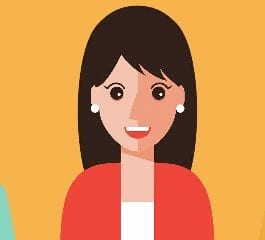 A cartoon lady with dark hair on an orange background.