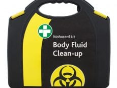 A body fluid clean up kit box in black and yellow