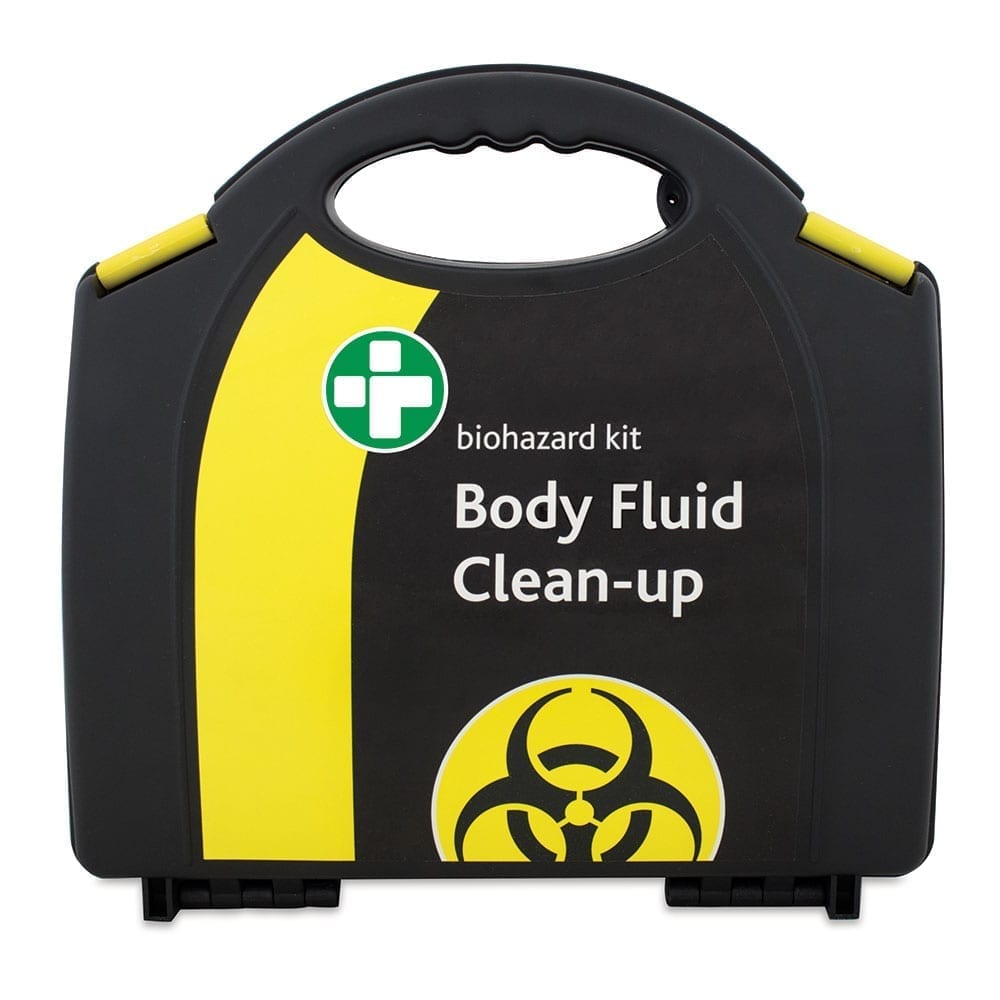 A body fluid clean up kit box in black and yellow