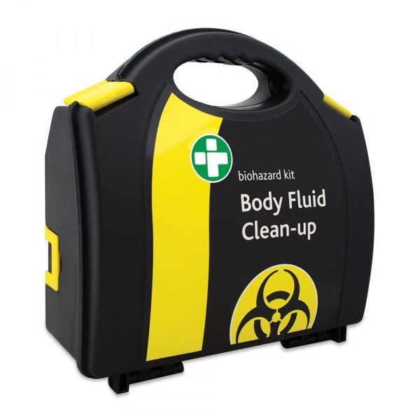 A body fluid clean up kit box in black and yellow