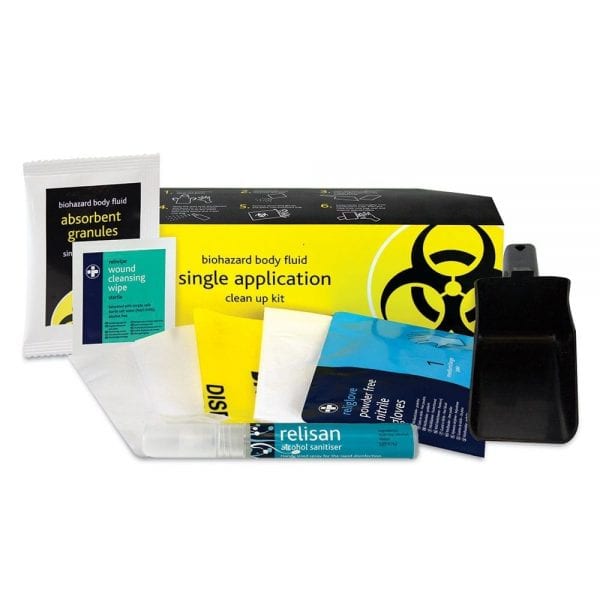A body fluid cleanup kits contents. with sanitizers and cleaning supplies