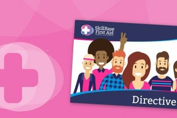 A banner for training categories, Directive 18. Featuring a group of cartoon people on the brochure.