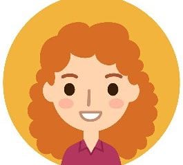 a cartoon lady with orange curly hair on an orange background.