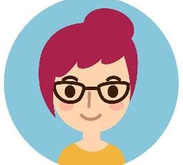 A cartoon lady with pink hair tied up and glasses on a blue background.