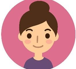 A cartoon lady with dark tied up hair on a pink background.