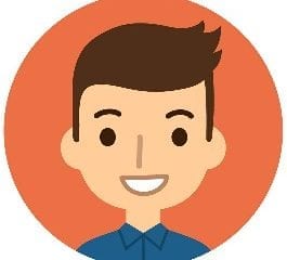 A cartoon man with dark hair on an orange background