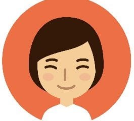 A cartoon lady with dark hair on an orange background