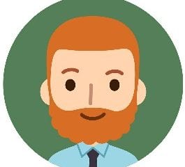 A cartoon man with orange hair and beard on a green background.m