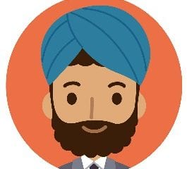 A cartoon man wearing a turban on an orange background.m