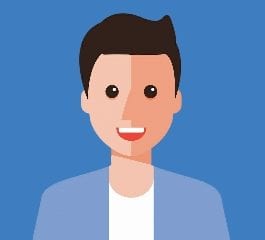 A cartoon man with dark hair on a blue background.