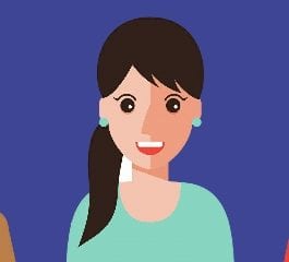 A cartoon lady with dark hair on a blue background.