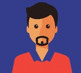 A cartoon man with dark hair on a blue background.