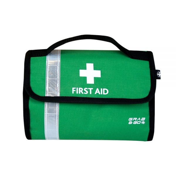 A small grab and go first aid kit in green.