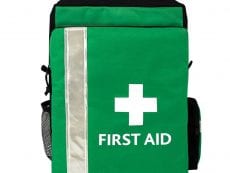 A large green evacuation first aid kit with two side pouches.