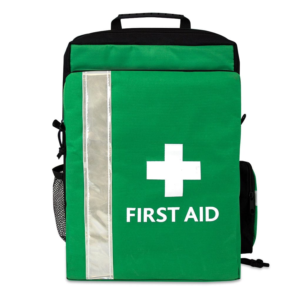 A large green evacuation first aid kit with two side pouches.