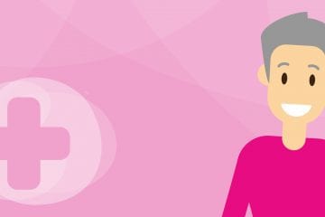 A cartoon man with grey hair stood in front of a pink skillbase banner