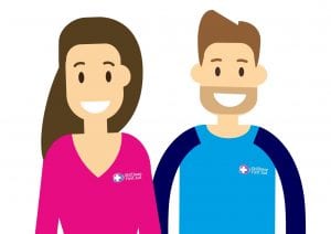 A cartoon man and woman wearing skillbase first aid shirts