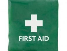 A green first aid vinyl wallet