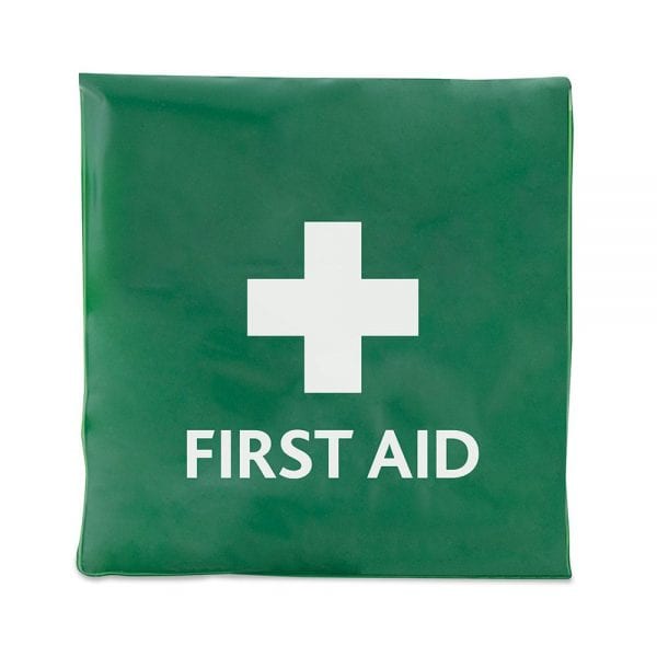 A green first aid vinyl wallet