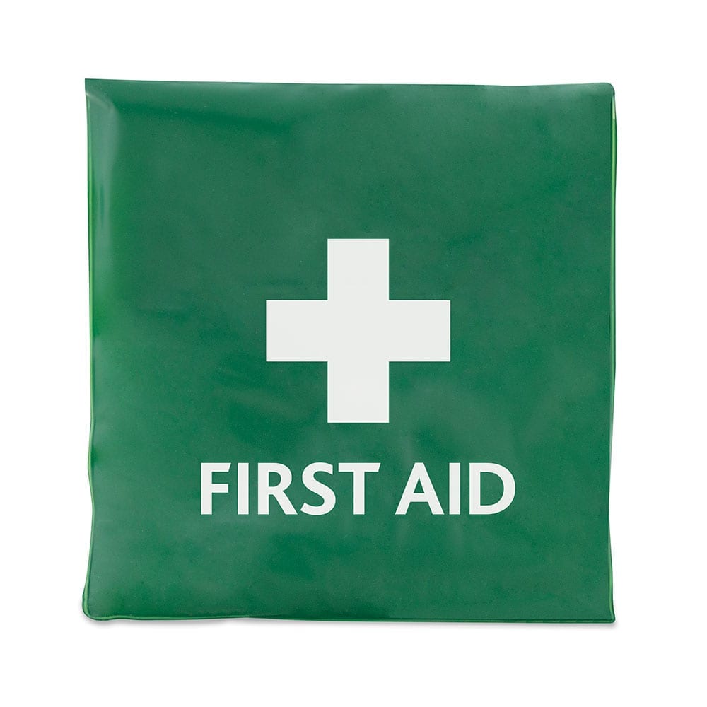 A green first aid vinyl wallet