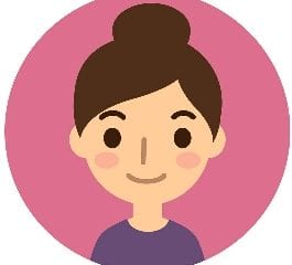 a cartoon lady with brown tied up hair on a pink background